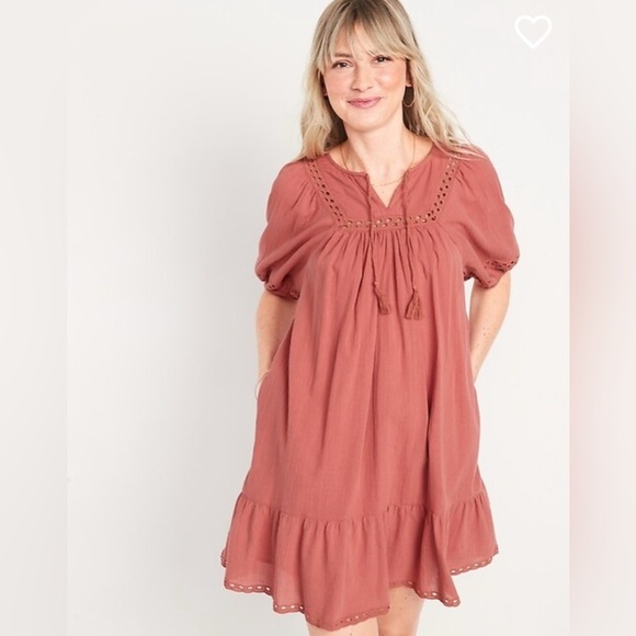 Old Navy Women’s Puff Sleeve Tie Neck Eyelet Swing Dress Spice SZ L - Picture 1 of 8